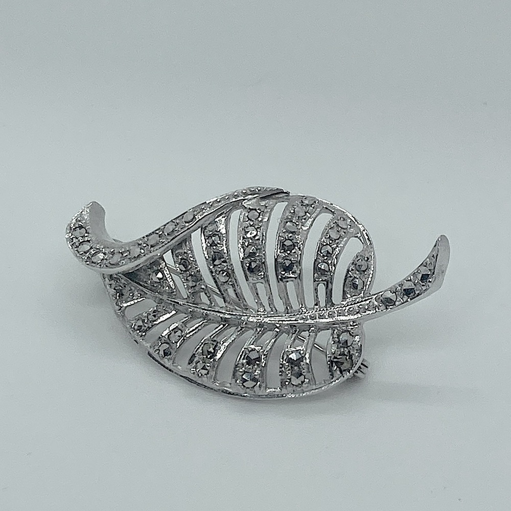 Vtg 830 Silver Marcasite Stone Leaf Brooch European | 1.8” L |  1” W | 10g